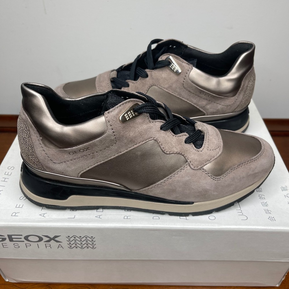 Geox Respira Shahira Lead Smoke Grey Metallic Suede Sneakers Womens 36/6‎